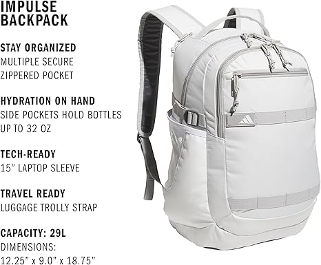 Impulse Backpack, Sport Bag for Men and Women, Durable and Lightweight, White/Grey Two, One Size